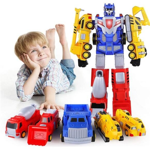 5-in-1 Transform Robot Toys for Kids Boys, Construction Vehicles Transform